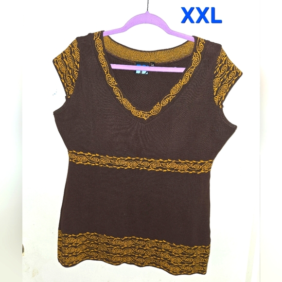 Elhoffer Design Tops - Brown and Mustard Short Sleeve Tank Top - XX-L